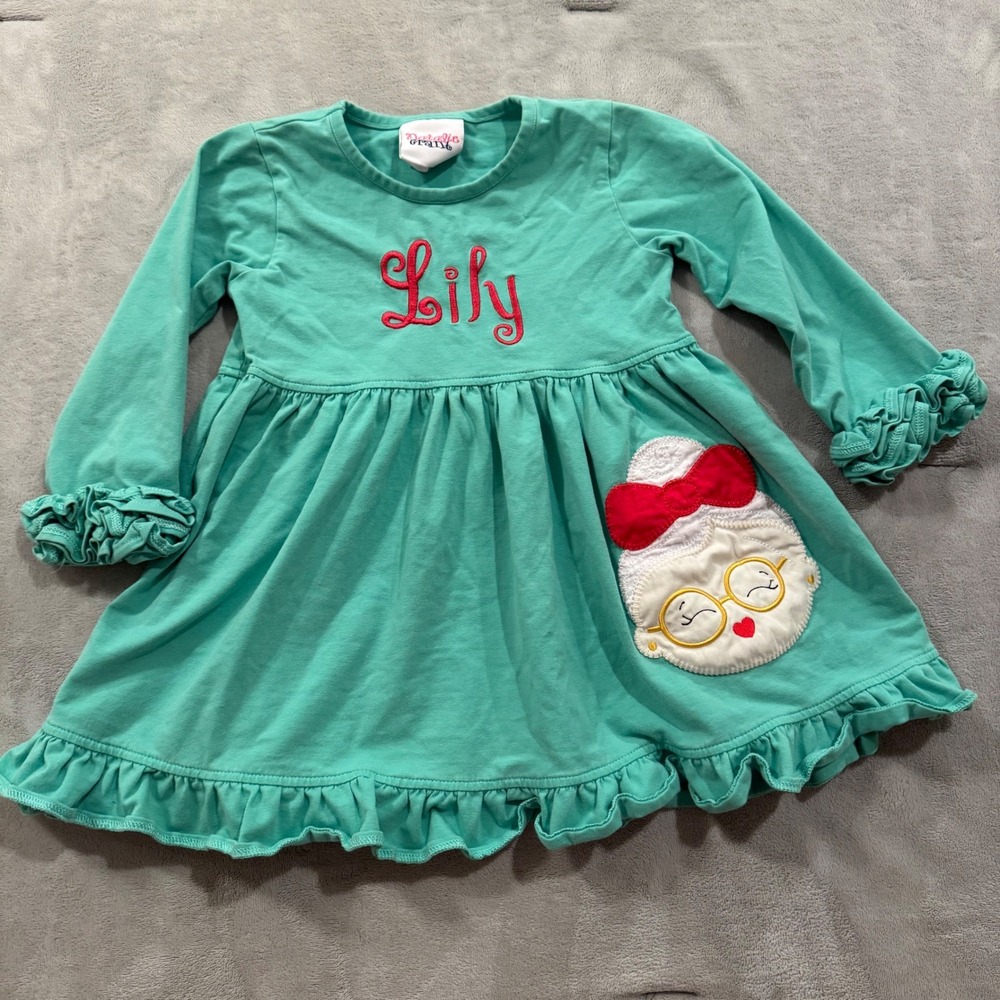 Boutique Lily Monogram Teal Green Mrs Claus Ruffle Dress 2T Long Sleeve Cotton
